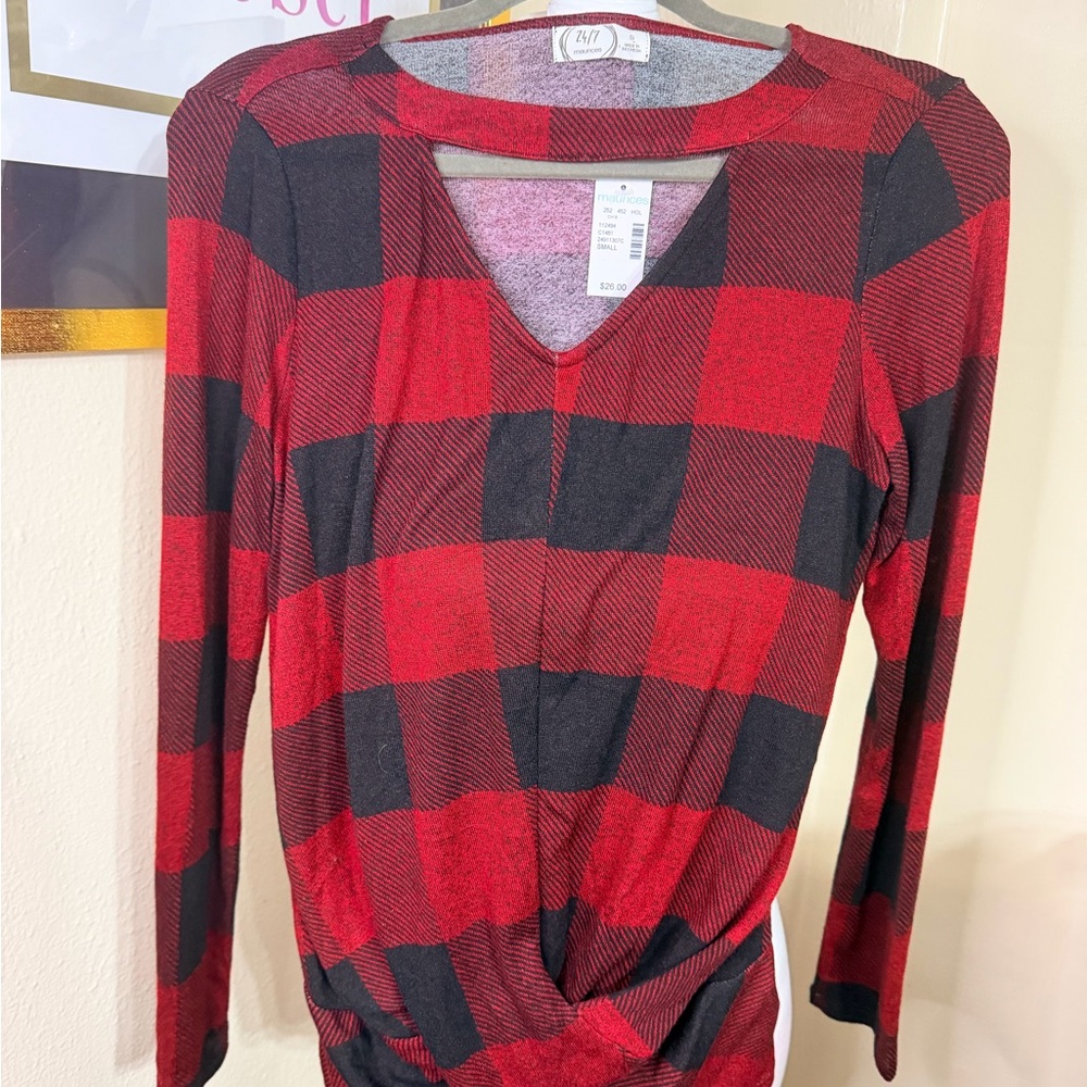 Maurices Red and Black Buffalo Plaid V-Neck‎ Twist Front Long Sleeve Top